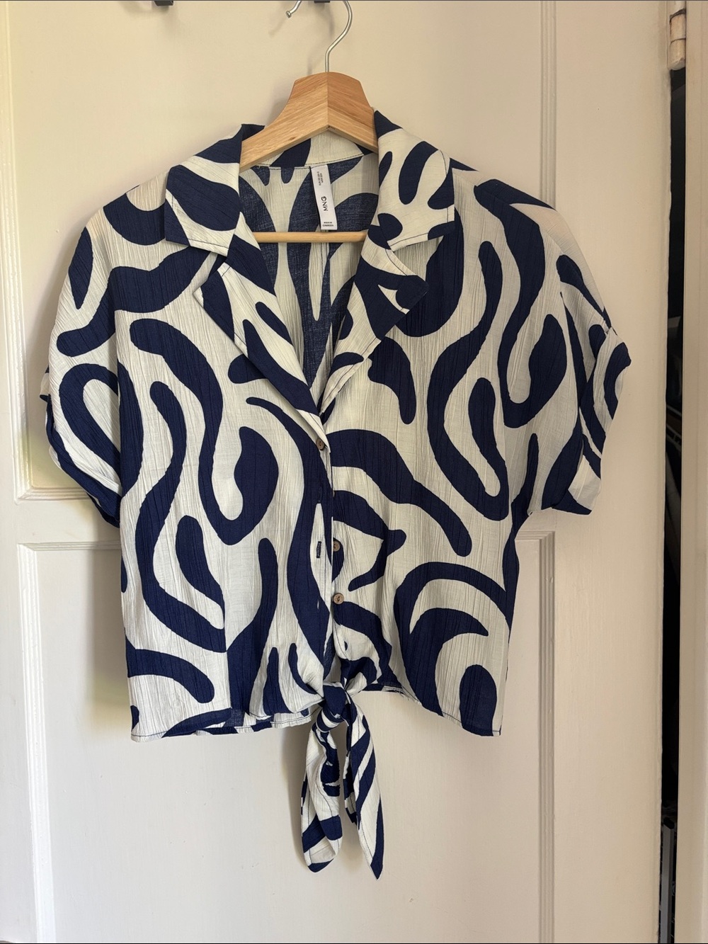 Mango Navy & White Tie-Front Button Shirt